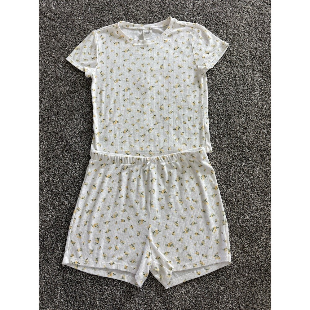 No Boundaries Pajama Set Womens Size S White Yellow Floral Ribbed Tee